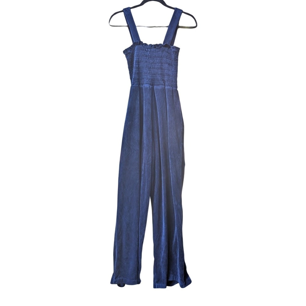 M Juicy Couture Heritage Smocked Velour Jumpsuit Regal Blue Pockets Coquette - Picture 5 of 8